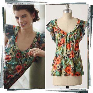 Drenched Helenium Watercolor Floral Top w Poplin Flutter Sleeves (S)